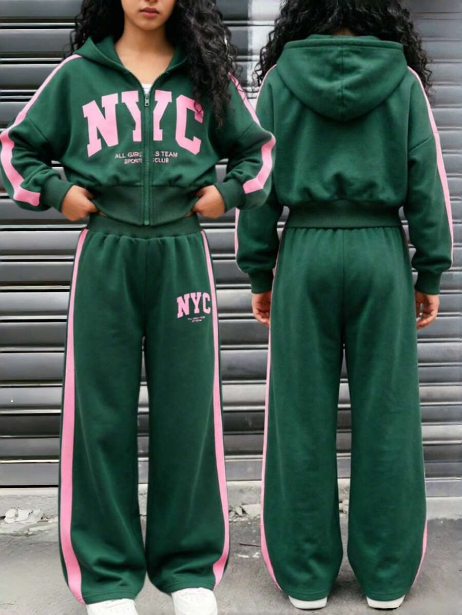 SHEIN 2件組女童綠色收腰短版連帽衛衣與寬鬆長褲休閒運動套裝，秋冬字母印花外套與拼色織帶寬腿褲套裝 - 綠色 - 查看 1