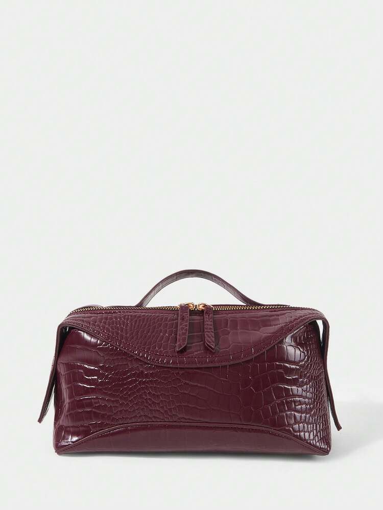 SHECARRY Ladies Fashion Burgundy Tote With Classic Vintage Crocodile Embossed PU For Daily, Commuting, Shopping - Burgundy - View 3
