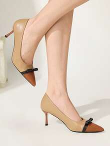 CUCCOO CHICEST Women's New Camel Brown Colorblock Pointed Toe Bow Low Cut Stiletto High Heels PU Leather Fashion Elegant Wedding Party Fall Shoes - camel brown - View 2