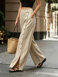 SHEIN Pantalones casuales de vacaciones con botones delanteros de unicolor - Caqui - Ver 5