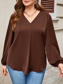 EMERY ROSE Camisa de talla grande de unicolor con cuello en V, casual y versátil - Marrón - Ver 5