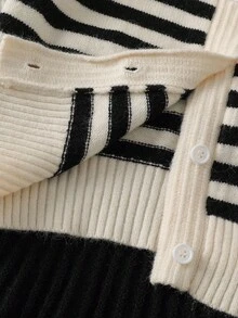 SHEIN Girls Khaki Striped Bow Knit Cardigan & Black Skirt Two Piece Set, Long Sleeve Fall Outfit, Sweet Academy Style, Back To School, Christmas Halloween - Khaki - View 7