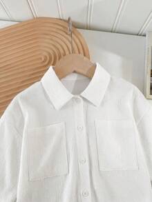 SHEIN LMoss Kids LMoss 女孩編織素色寬鬆短版休閒襯衫 - 白色 - 查看 5
