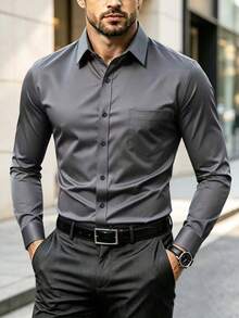 Manfinity Mode Camisa de manga larga de unicolor versátil para hombre - Gris Oscuro - Ver 3