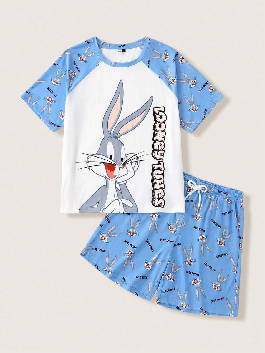 LOONEY TUNES X SHEIN Men's Raglan Short Sleeve Top And Shorts Loungewear Set - Blue and White - View 1