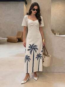 Rue Lumi Women's Casual Digital Coconut Tree Print V-Neck A-Line Long Dress - Apricot - View 2