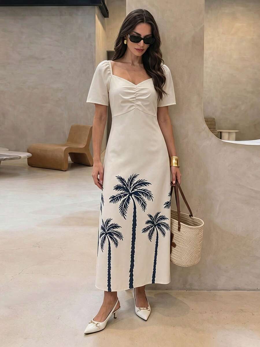 Rue Lumi Women's Casual Digital Coconut Tree Print V-Neck A-Line Long Dress