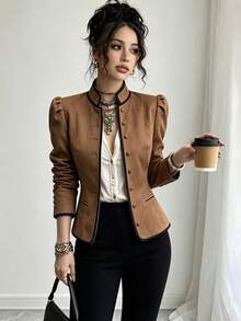SHEIN Jaket Lengan Panjang Wanita Motif Blok Warna Kasual Serbaguna untuk Pemakaian Sehari-hari - Khaki - View 3