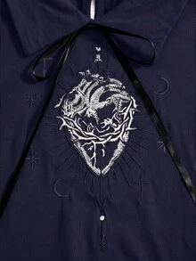 ROMWE Goth 深色哥德風紅色愛心刺繡圖案大尺碼女款短洋裝 - 藍色 - 查看 3