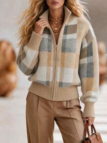 Balvessa Cardigan Rajut Jacquard Kotak-kotak Vintage dengan Resleting untuk Wanita, Kerah Setengah Tinggi, Panjang Sedang, Sweater Musim Gugur/Musim Dingin - MultiWarna - View 3