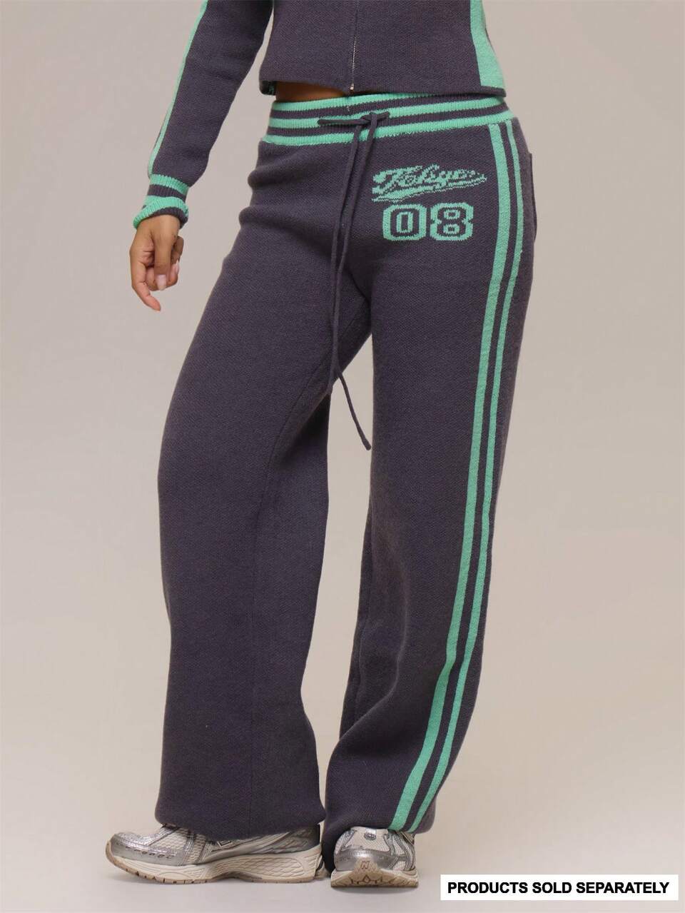 Pantalon large en tricot gris à rayures et logo, style été vacances Ibiza festival Black Lotus