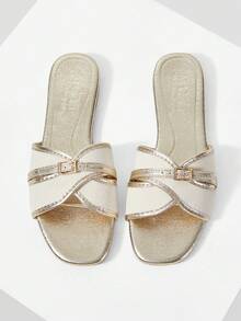 MOTF LADIES SWEET COLOR MATCH BUCKLE BURST GOLD FLAT SANDALS - Burst Gold - View 1