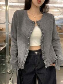 DAZY Women's Solid Color Loose Short Long Sleeve Ruched Ruffle Hem Casual Vacation Streetwear Spring Autumn Knit Cardigan - Grey - View 5
