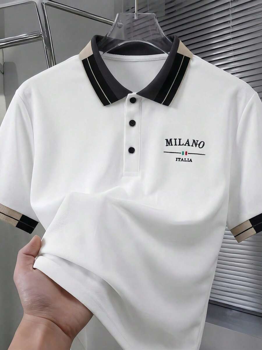 Manfinity Homme 男士珠飾刺繡羅紋領短袖休閒 Polo 正裝襯衫 男士 Polo 衫 男士 Polo 衫 儀式用 - 白色 - 查看 1