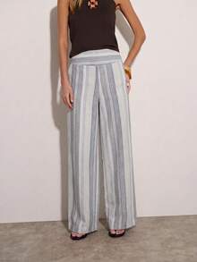 Nöista Striped Linen-Look Wide-Leg Trousers With Mid-Rise Waist. Relaxed Style For Day-To-Night And Holiday Dressing. Vintage Y2K - Multicolor - View 5