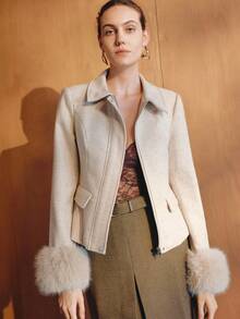 MOTF PREMIUM DETACHABLE FURRY COLLAR & CUFFS CINCHED WAIST 3D CUT WOOL OVERCOAT - Apricot - View 4