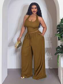 Veslaya Plus Size Summer Casual Backless Halter Top & Long Pants Set - Army Green - View 5