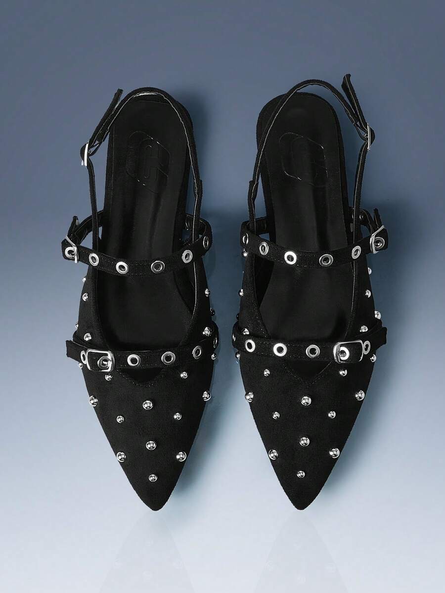 CUCCOO GRLICON Sepatu Flat Wanita Retro Serbaguna Mary Jane dengan Ujung Lancip dan Hiasan Paku Keling di Bagian Belakang, Terbuat dari Beludru Hitam. - Hitam - View 1