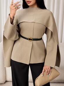 Veilorie Women's Solid Color Asymmetrical Shawl And Sweater Elegant Set - Khaki - View 1