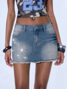 Y2Kool Blue Vintage Washed Distressed Cotton Rhinestone Skull Star Y2K Dark Women's Low Waist Mini Denim Skirt A-Line Skirt Summer Club Night Halloween - Blue - View 7