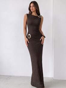Firerie Metallic Decorative Brown Textured Sleeveless Stretch Dress Elegant Casual Formal Party Going Out Office Vacation Festival - Brown - View 4