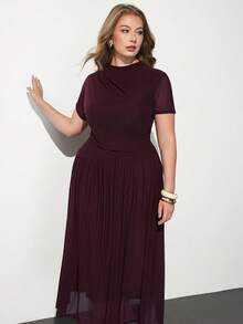 Maija Plus Size Women's Solid Color Short Sleeve Pleated Hem Elegant Dress - Red Violet - View 6