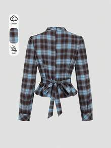 SHEIN EZwear 法式甜美學院風紋理微高領百褶設計精緻鈕扣裝飾獨特繫帶收腰修身長袖簡約百搭女式襯衫 春/夏 - 彩色 - 查看 3