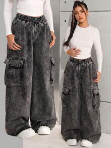 SHEIN Quần ống rộng ống rộng cạp rút dây thời trang cổ điển Y2K cho bé gái tuổi teen Quần jeans ống rộng cho mùa đông - màu đen - Xem 1