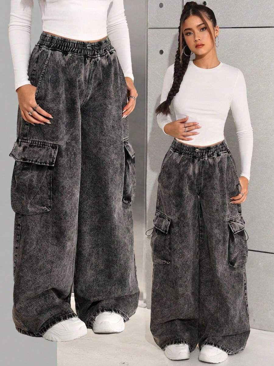 SHEIN Quần ống rộng ống rộng cạp rút dây thời trang cổ điển Y2K cho bé gái tuổi teen Quần jeans ống rộng cho mùa đông - màu đen - Xem 1