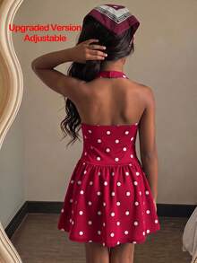 SHEIN 少女休閒時尚波點掛脖A字洋裝 - 紅白色 - 查看 3