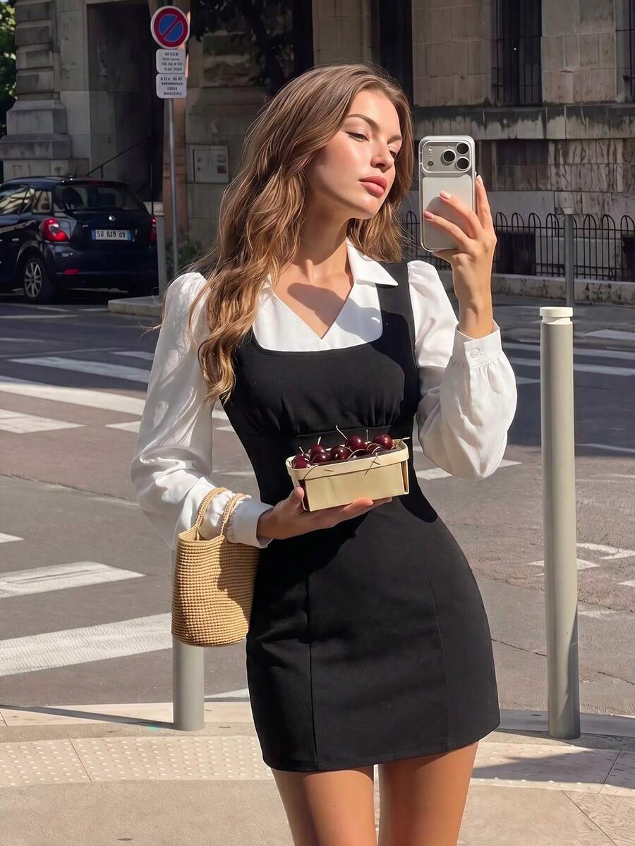 SHEIN MOD Black And White Colorblock 2 In 1 Button Petal Sleeve Mini Dress Birthday Date Dinner Date Party Autumn French Elegant French.Halloween.School. - Black and White - View 1