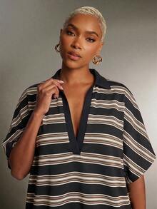 Denimoi Plunge Neck Collared Oversized Striped Polo Top Fashionable Tops - Multicolor - View 2