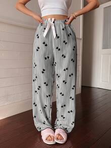 Dream Adore Women's Striped Heart Print Bow Decor Waist Pajama Pants - Black - View 1