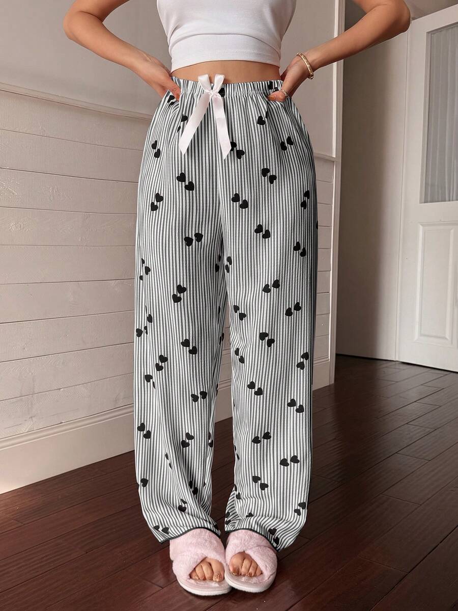 Dream Adore Women's Striped Heart Print Bow Decor Waist Pajama Pants - Black - View 1