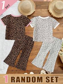 (1 RANDOM SET) Girls Cute Fresh Minimalist Blue Leopard Print Heart Pattern Basic Short T-Shirt And Flared Pants Set, Comfortable Daily Wear - Multicolor - View 2