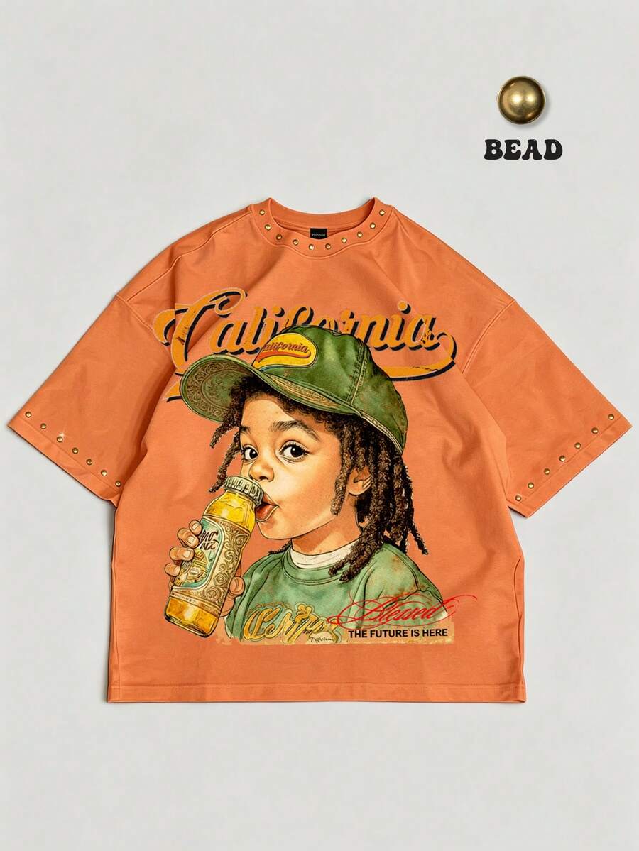 ROMWE MEN Street Life 2026 Spring/Summer Men's Graphic Print Casual Crew Neck T-Shirt Top Suitable For Daily Wear - Orange - View 1