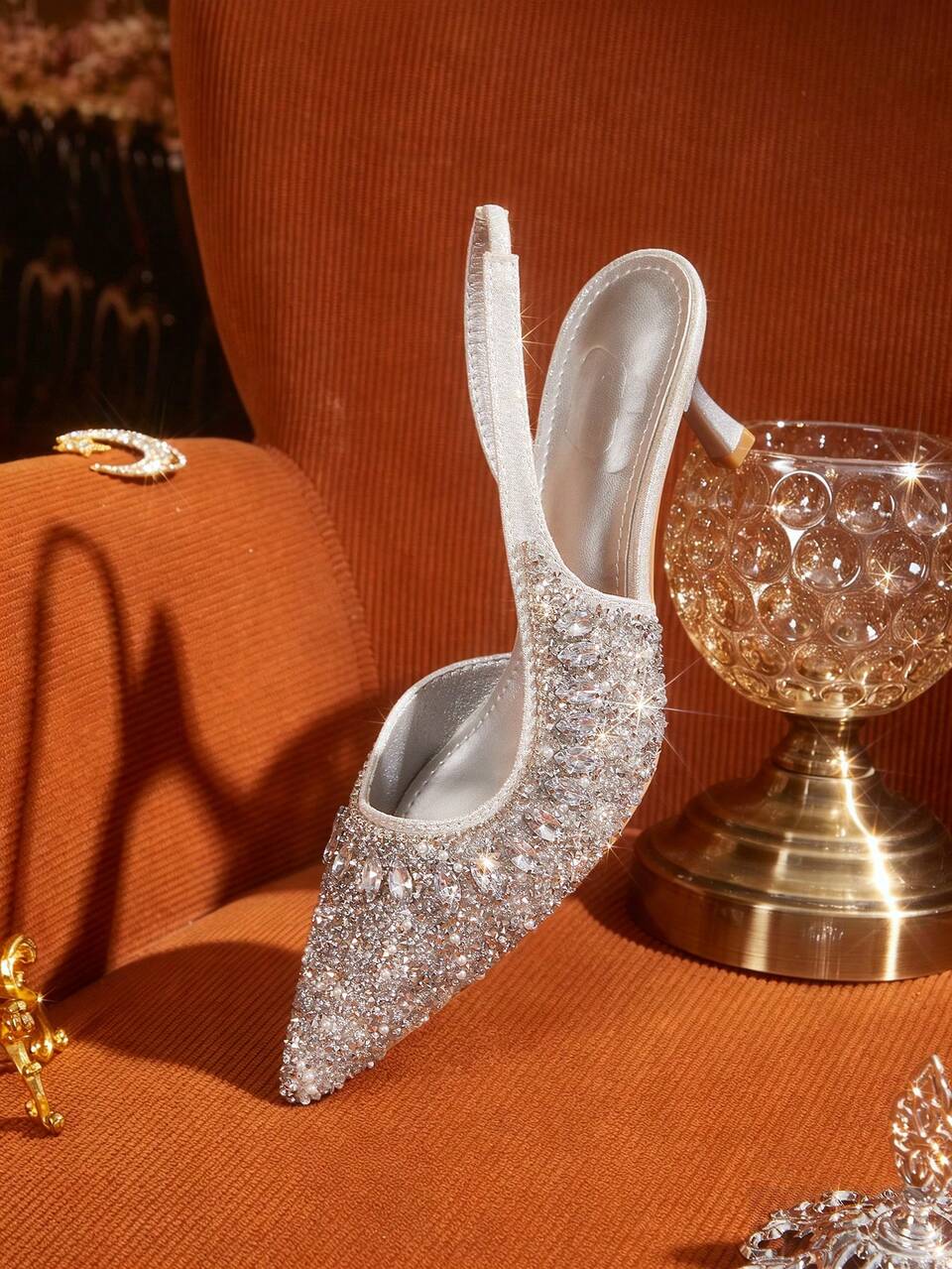 CUCCOO TILAWA Women Shoes Pointed Stiletto Silver Full Diamond Sexy Fashion Gorgeous Banquet Party Ladies High Heel Shoes After Lifting Slingback Shoes Fall Shoes