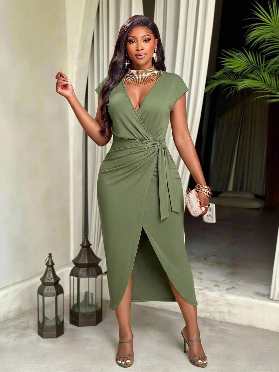 Brilight Women Elegant Maturity Wrap Midi Dress, Deep V Short Sleeve Ruched Split Bodycon Dress, Night Out Cocktail Party Bar Party Dinner Holiday Evening - Army Green - View 1