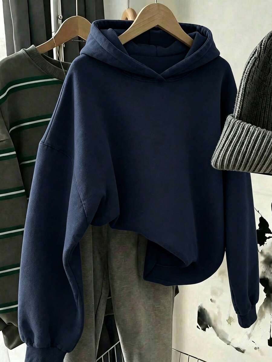 SHEIN 青少年女孩休閒極簡長袖連帽寬鬆加厚衛衣,適合秋冬穿著 - 藍色 - 查看 1