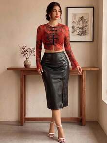 EastFlair Plus Size Women's Fashion Sexy Dragon Pattern Mesh Frog Button Top Autumn Date Night Brunch Cocktail Red - Red - View 12