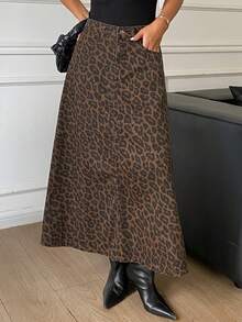 Livesso Rok Denim Panjang Model A-Line Pinggang Tinggi Motif Leopard untuk Wanita, Cocok untuk Musim Gugur/Dingin - Coklat - View 6