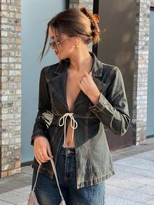 DAZY Women's Casual Sexy Lace-Up Denim Jacket, Spring/Autumn Y2K Going Out Night Out Dark Wash - Blue - View 10