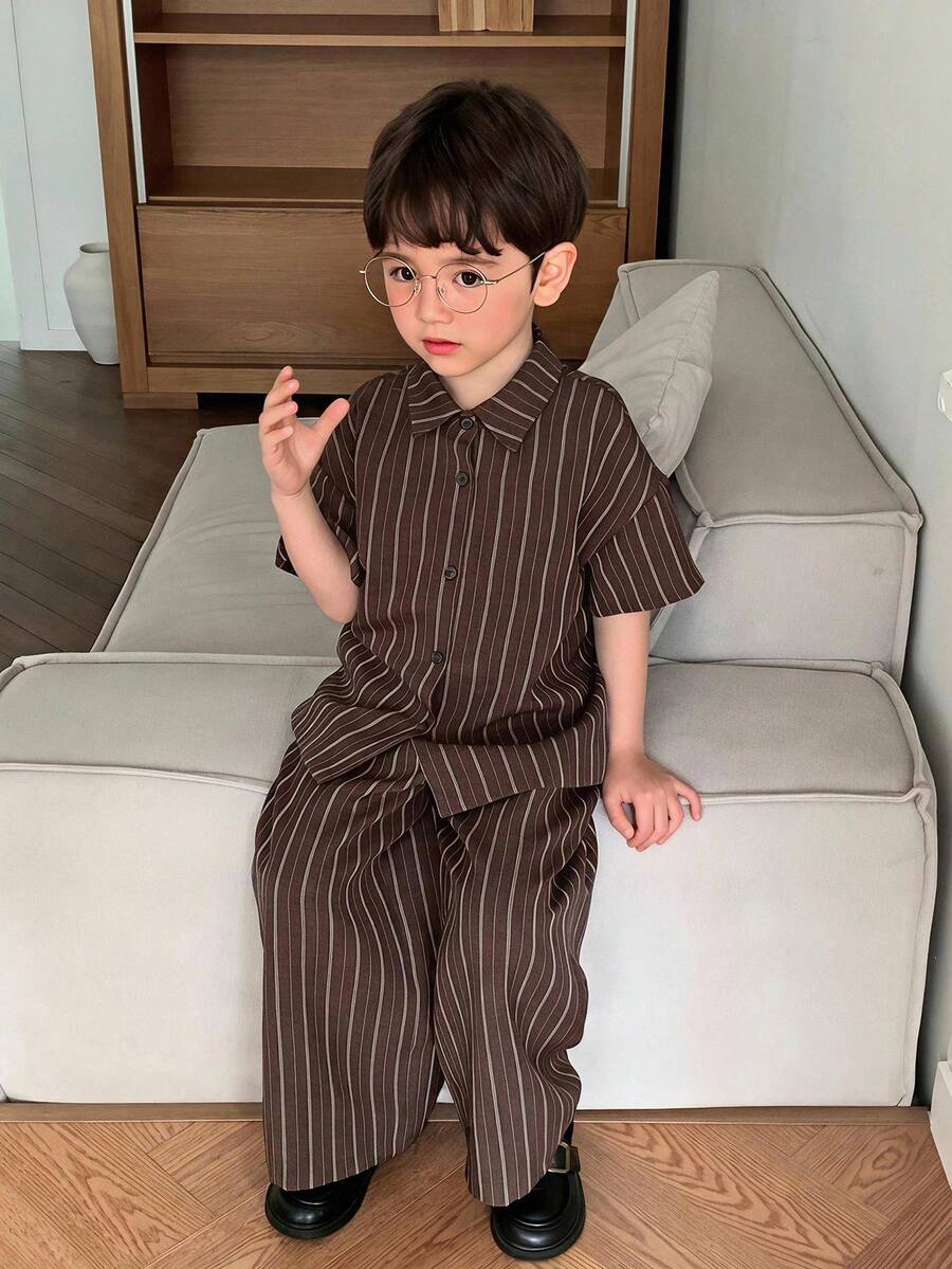 Hapijoa Young Boy Striped Polo Shirt And Straight Leg Pants Set - Brown - View 1