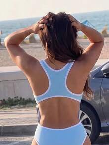 Dewbera Dewbera 女款性感藍白配色拼色運動休閒露背連身褲 - 彩色 - 查看 2