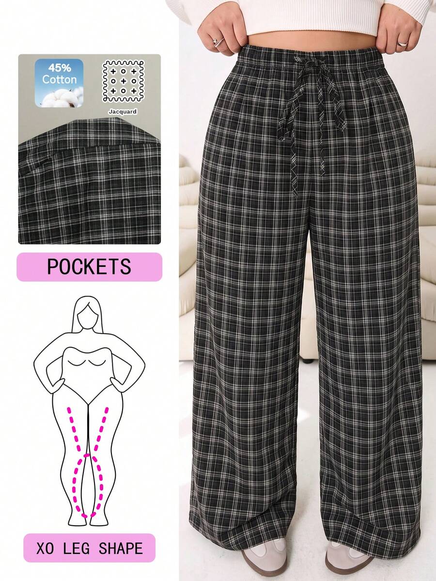 Solflare Plus Size Women's Drawstring Waist Plaid Casual Versatile Everyday Travel Long Pants