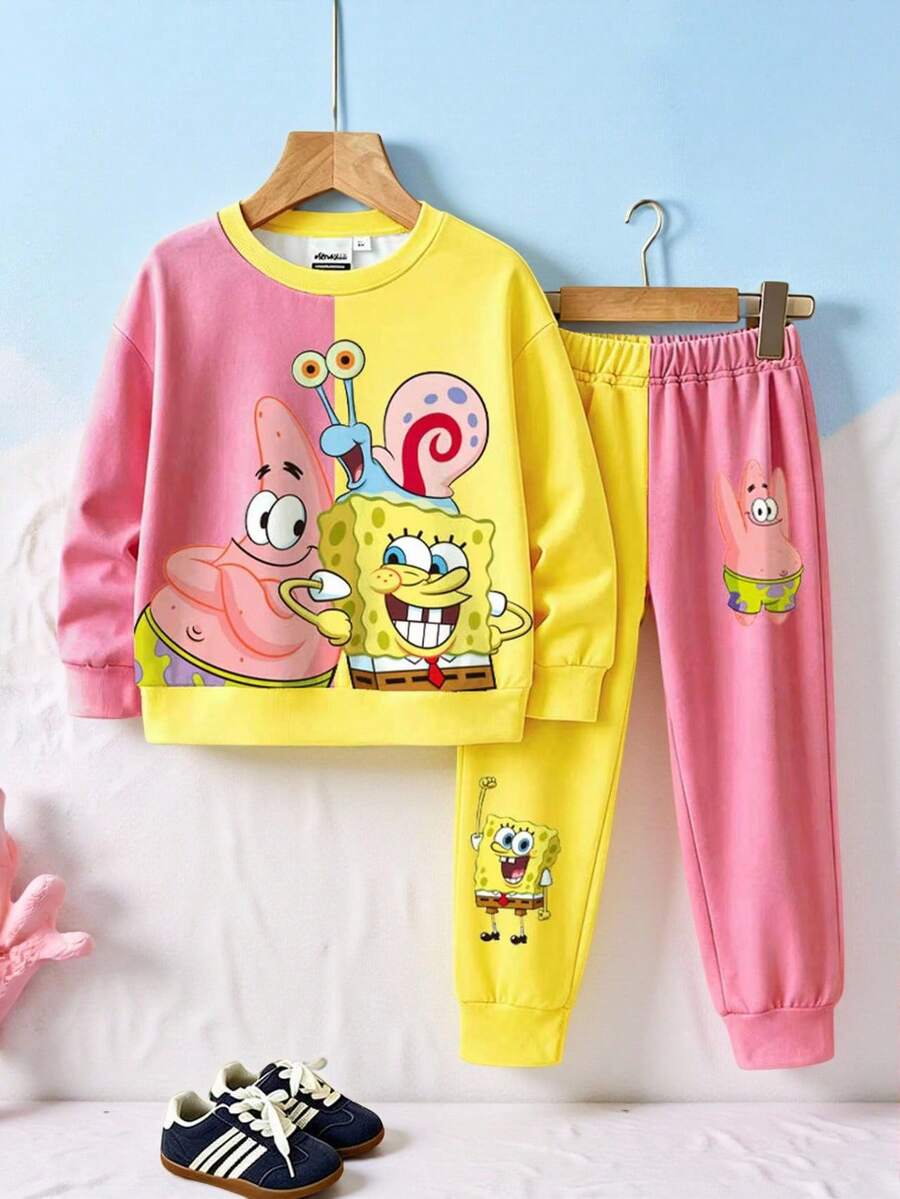SpongeBob SquarePants | SHEIN 男嬰卡通印花圓領運動衫與慢跑褲兩件套,可愛休閒風 - 白色 - 查看 1