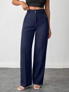 Wovencharm Wovencharm Petite Size Women Solid Color High Waist Straight Leg Pants For Everday Wear - Navy Blue - View 2