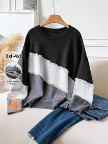 CosyJoli Plus Size Casual Cat Whisker Tassel Color Block Crew Neck Pullover Sweater/Winter - Black - View 6