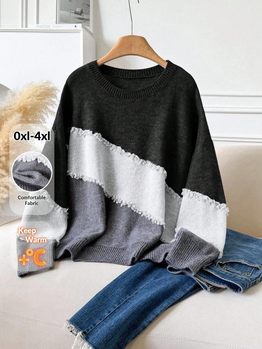 CosyJoli Plus Size Casual Cat Whisker Tassel Color Block Crew Neck Pullover Sweater/Winter - Black - View 1