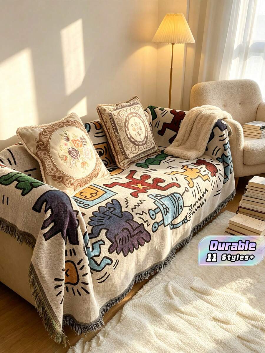 Japanese Korean Style Graffiti Sofa Cover, Ins Universal Dustproof Sofa Throw Blanket, Decorative Sofa Towel For Single Sofa - Multicolor - View 1